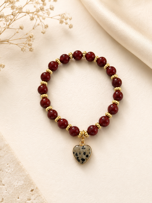 Camila burgundy beaded bracelet with gold accents and heart charm