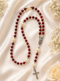 Carmen red pearl style handmade rosary necklace with cross charm