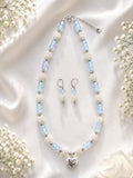 Clara blue white and silver handmade necklace and earring set with heart charm