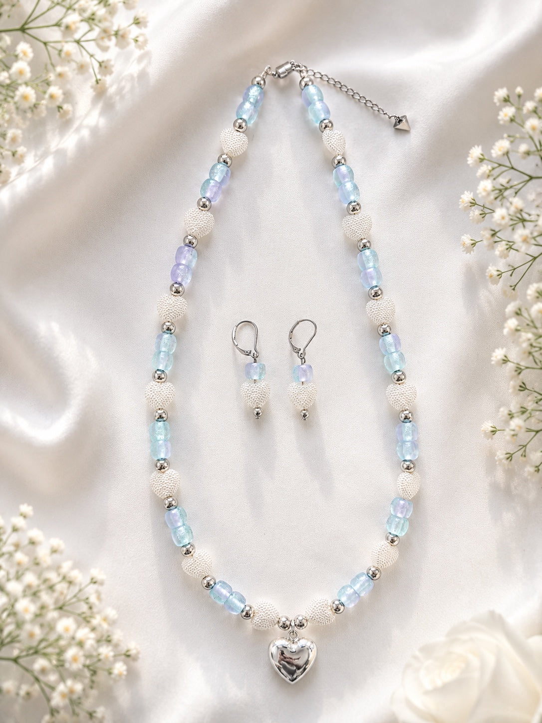 Clara blue white and silver handmade necklace and earring set with heart charm