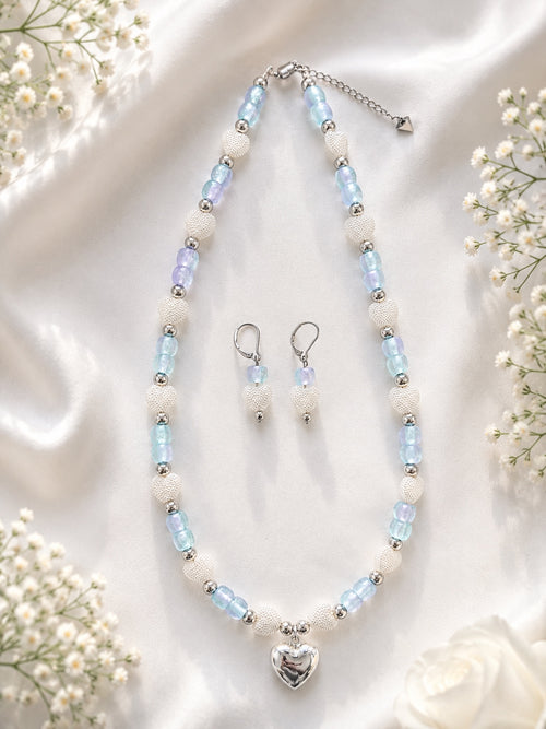 Clara blue white and silver handmade necklace and earring set with heart charm