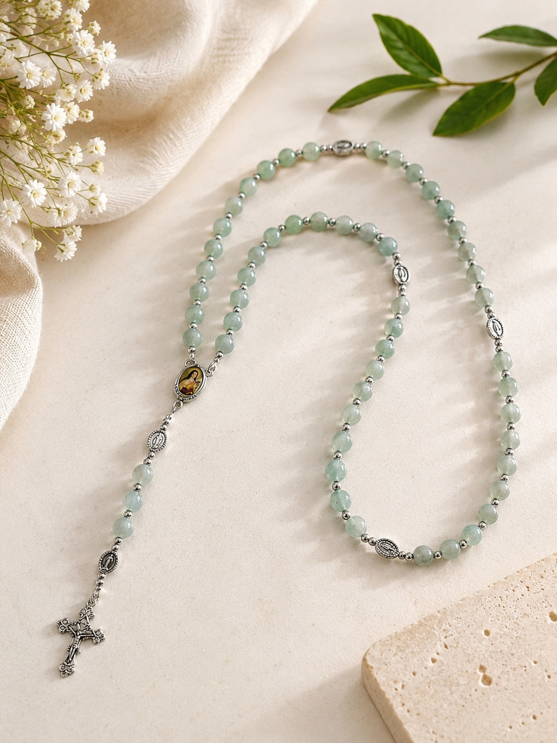 Josephine pale green full rosary with silver-tone crucifix and devotional medals