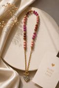 Lola pink brown and gold handmade necklace with leopard heart charm