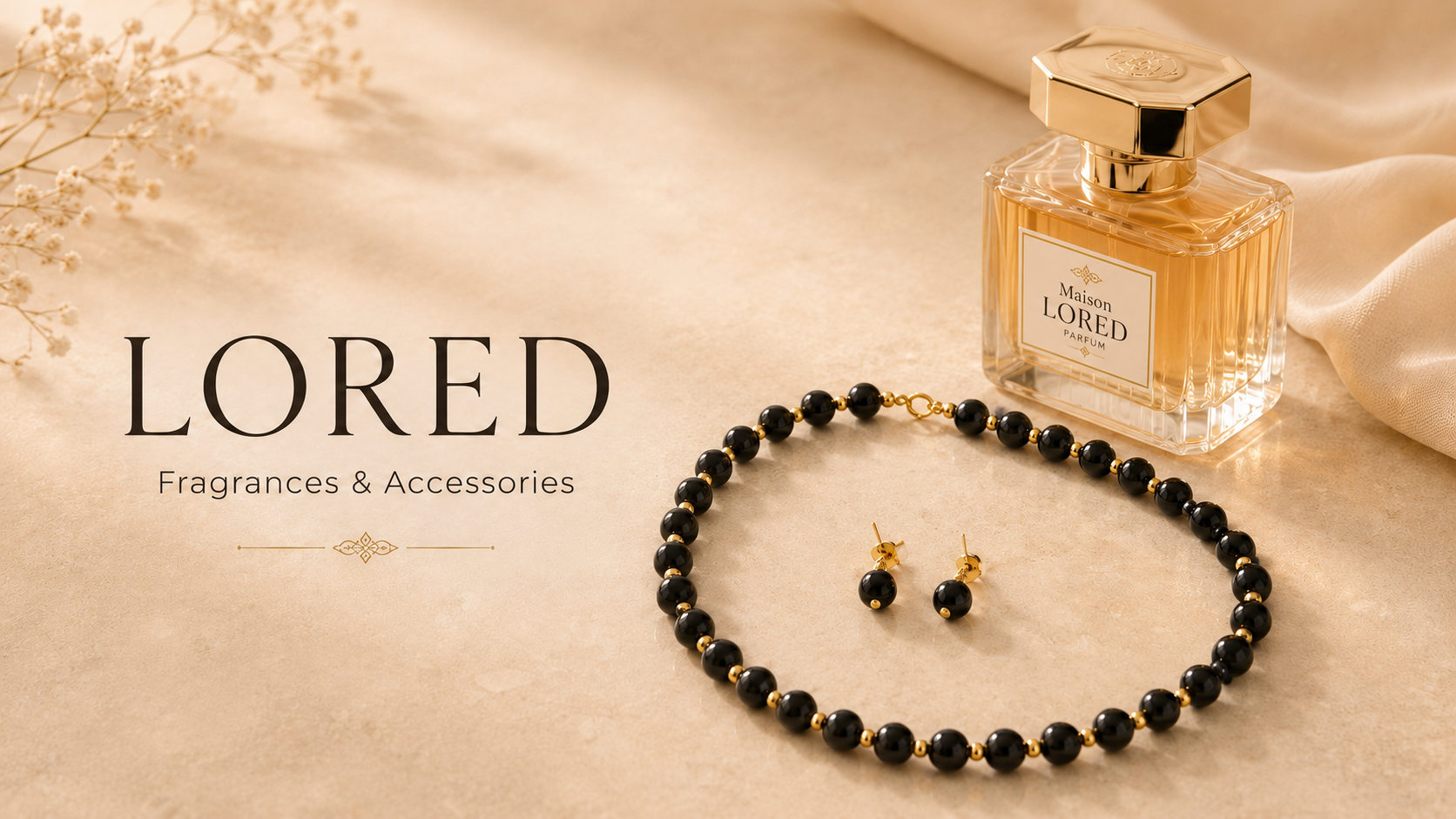 LORED Fragrances and Accessories hero image with Maison LORED fragrance and handmade jewelry