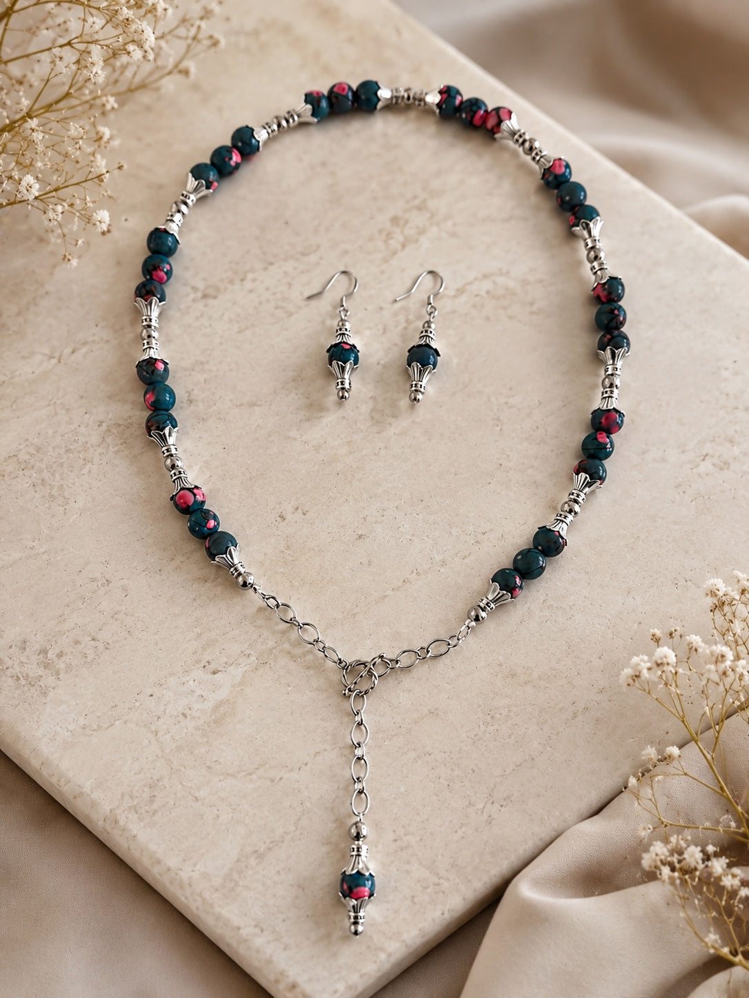Marisol blue and pink silver handmade necklace and earring set