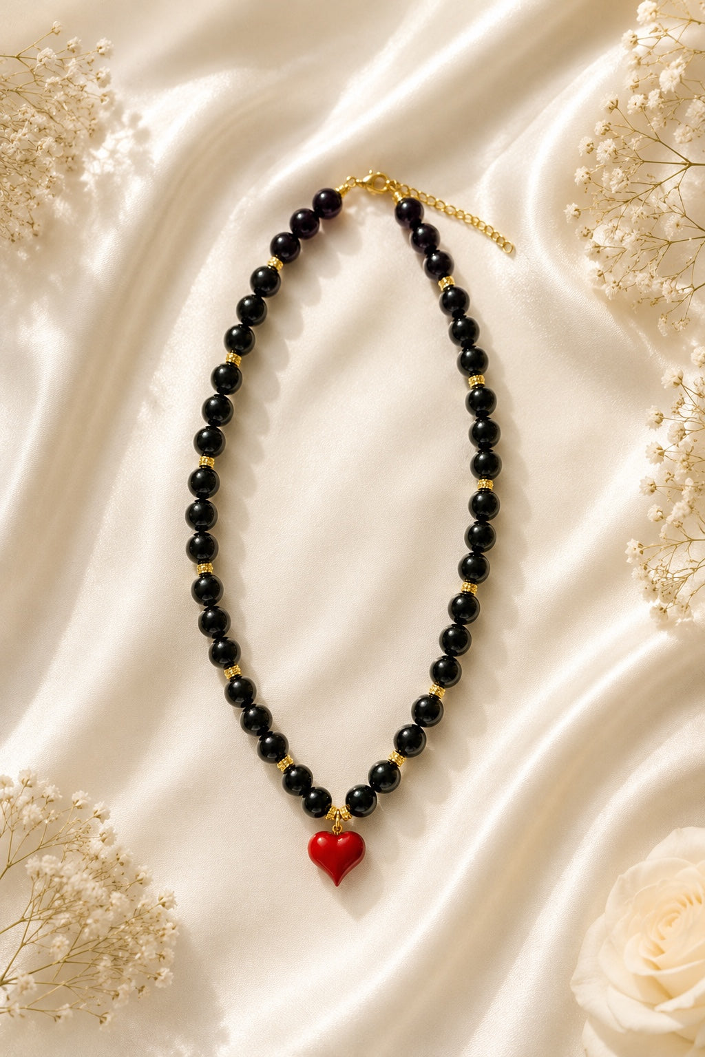 Scarlett black bead and gold handmade necklace with red heart charm