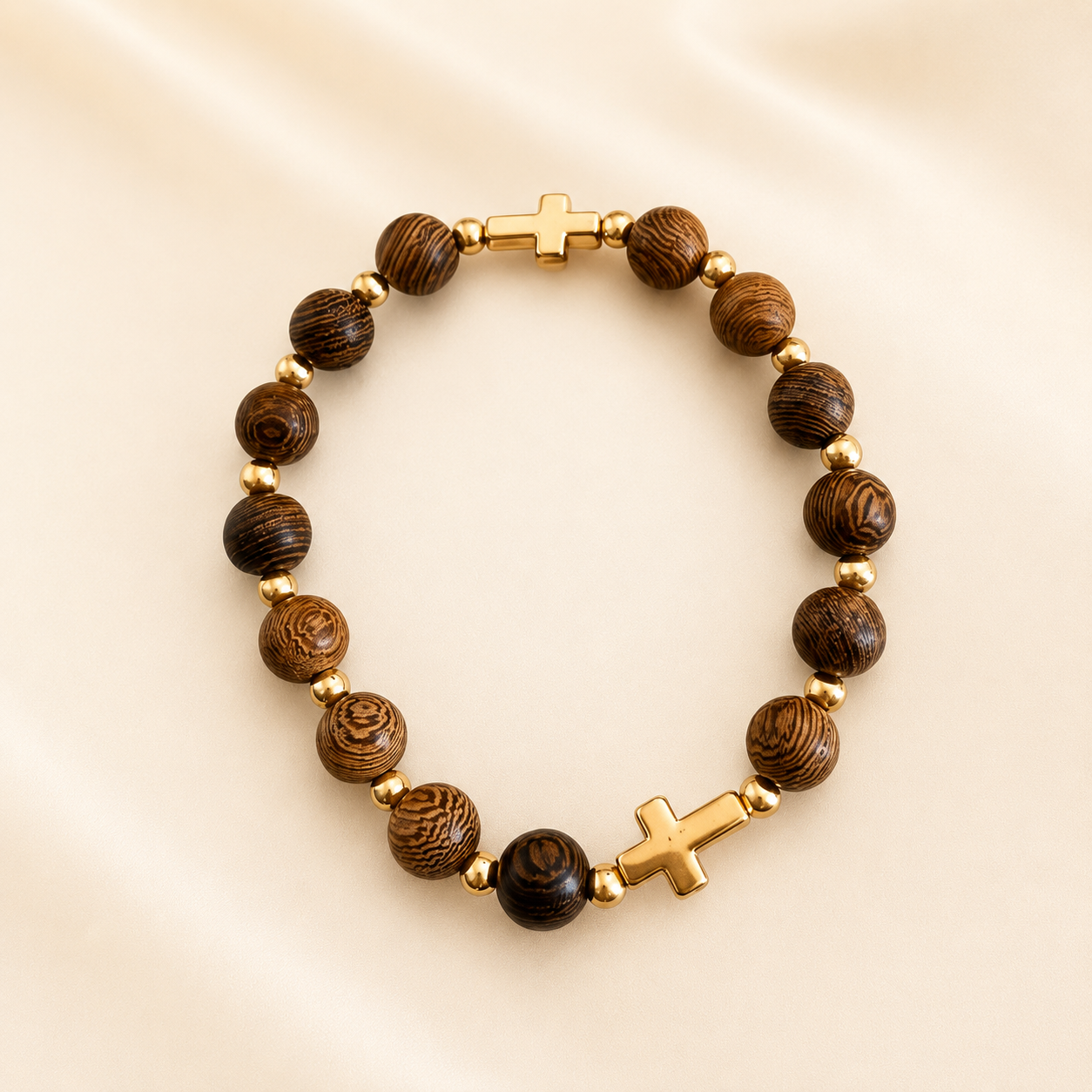 Sofia wood-style beaded bracelet with gold cross accents