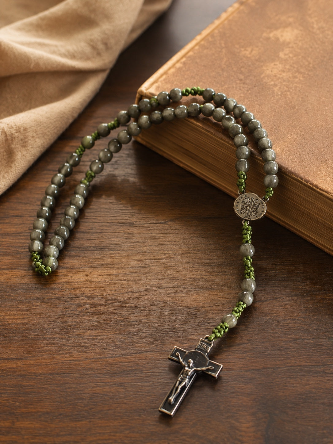The Guardian Rosary with gray stone beads and olive green cord